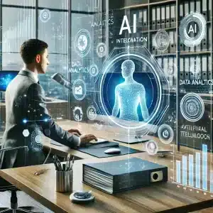 La Inteligencia Artificial en las notarías. Representación virtual de un notario trabajando con IA