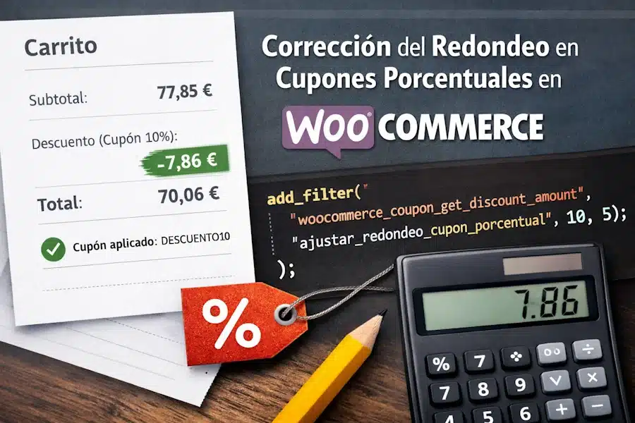 Corrección del redondeo en cupones porcentuales de WooCommerce. Imagen del descuento.